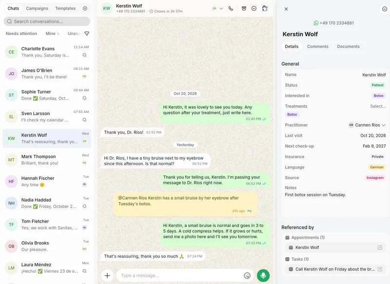 Kerstin Wolf’s chat: her question about a small bruise, Pablo’s note to Dr. Carmen Ríos and the doctor’s answer, beside Kerstin’s card with her treatment, practitioner, appointment and task.