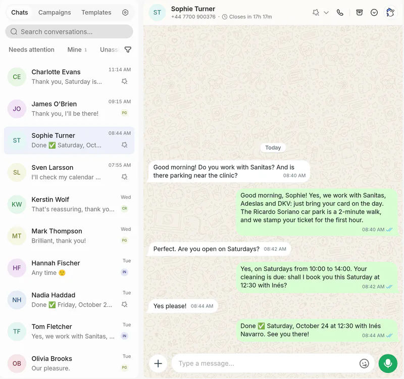 Clínica Lumen’s WhatsApp: patients’ chats, and Sophie Turner asking about Sanitas, parking and Saturday hours; Lumi answers and books her cleaning.