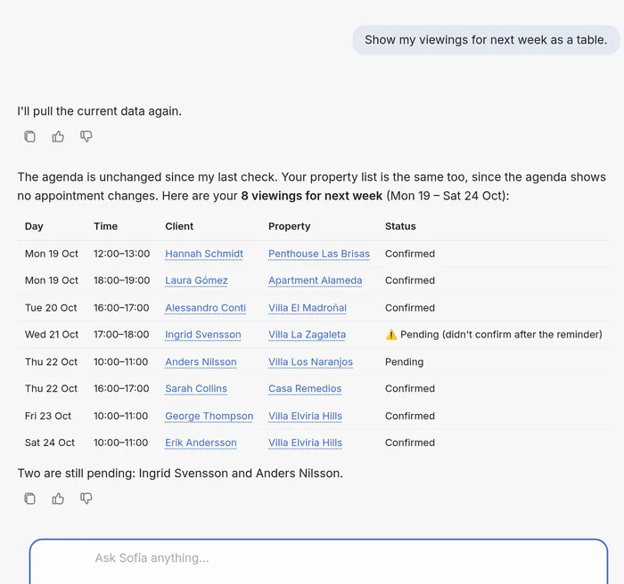 Alba Homes: the assistant answering “Show my viewings for next week as a table.” with eight viewings and their status.