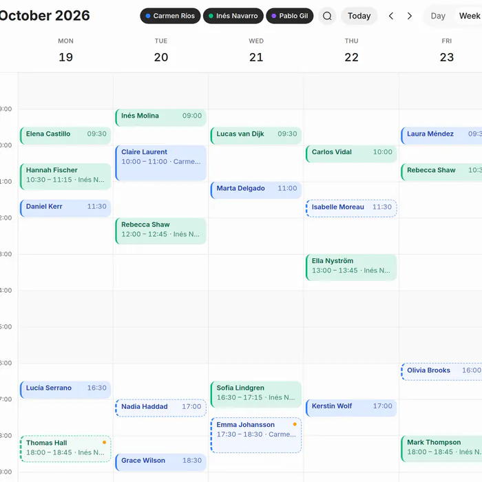 Clínica Lumen’s appointments for the week of October 19, one colour per practitioner, the unconfirmed ones dashed.