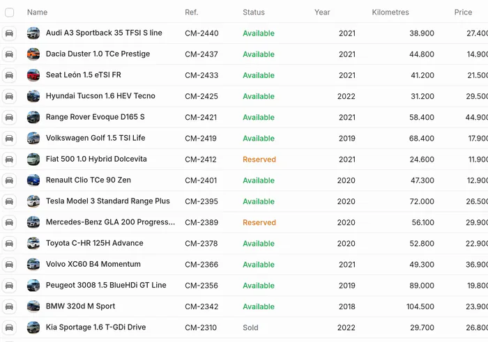 Costa Motors’ vehicles: a list of cars with photos, reference, status, year, kilometres and price.