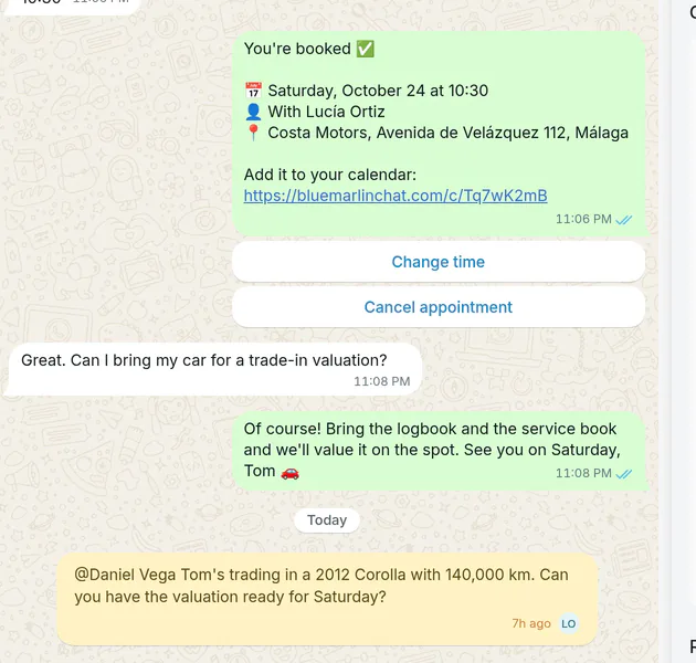 Costa Motors: Tom’s booking for Saturday, October 24 at 10:30 with Lucía Ortiz, his trade-in question, and Lucía’s note to Daniel.
