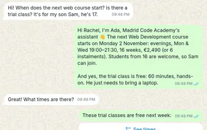 Madrid Code Academy: Ada’s answer about the web course and the trial classes, and Rachel’s tap on 19:00