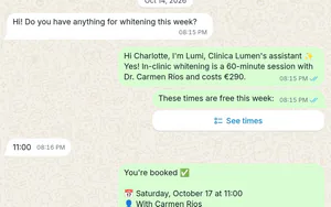 Clínica Lumen: Charlotte’s question about whitening and Lumi’s answer with the price and the free times