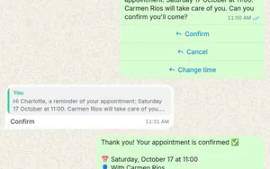 Clínica Lumen: the reminder with Confirm, Cancel and Change time, and Charlotte’s Confirm