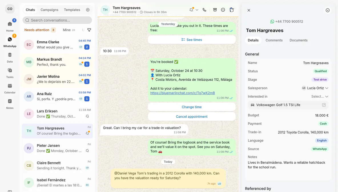 The WhatsApp inbox of Costa Motors, a car dealer: chats on the left, Tom Hargreaves’ conversation with his test drive booked for Saturday at 10:30, and his card on the right.