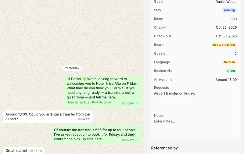 Daniel Weber’s chat: the message before his stay, his answer — around 18:00, a transfer from the airport — and his card with Arriving, room 210, the dates, the arrival time and the request.