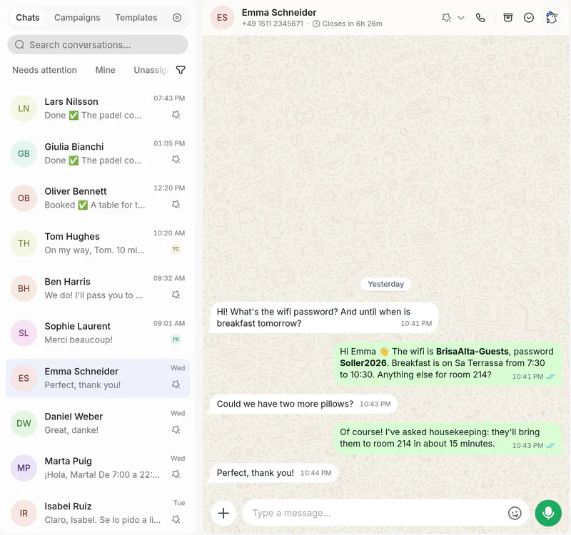 Hotel Brisa Alta’s WhatsApp: guests’ chats, and Emma Schneider in room 214 asking for the wifi and breakfast hours at 10:41 p.m.; Vera answers and asks housekeeping for two more pillows.