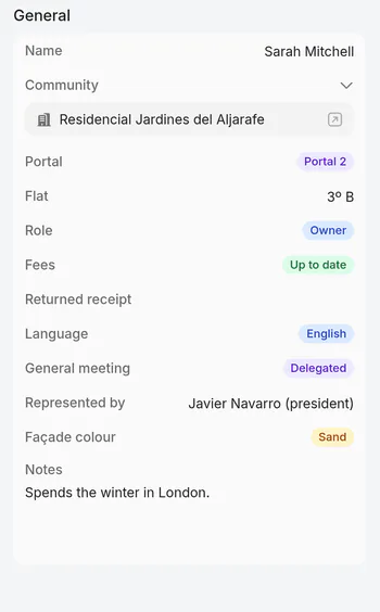 Sarah Mitchell’s card: Residencial Jardines del Aljarafe, Portal 2, 3º B, owner, fees up to date, English, general meeting Delegated, represented by Javier Navarro, façade colour Sand.