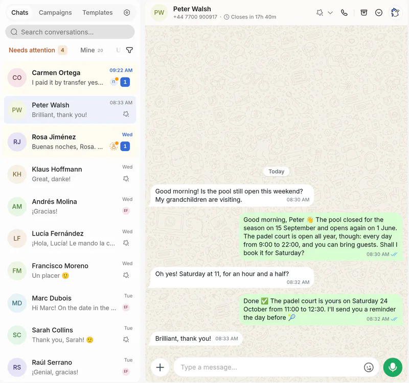 Fincas Triana’s WhatsApp: neighbours’ chats, two waiting for a person, and Peter Walsh asking if the pool is open: Lola says it opens in June and books him the padel court for Saturday.