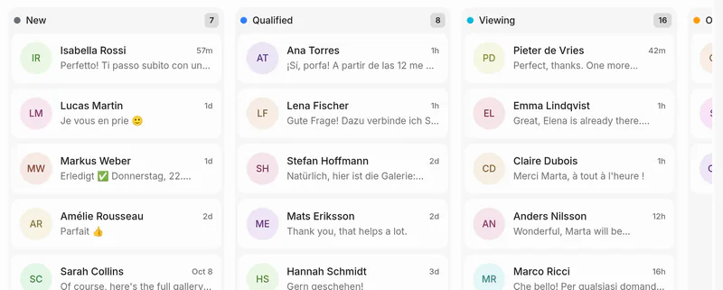 Contacts as a board: New, Qualified and Viewing columns, each card with the buyer’s last message.