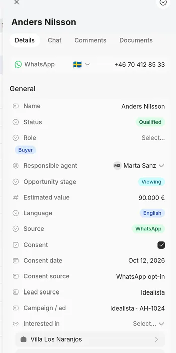 Anders Nilsson’s card: qualified buyer, Marta Sanz as agent, at the viewing stage, English, consent recorded, lead source Idealista, interested in Villa Los Naranjos and Villa Elviria Hills.