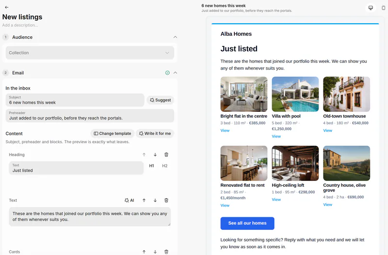 The email editor: subject “6 new homes this week”, Write it for me, and the preview of Alba Homes’ “Just listed” email with six homes.