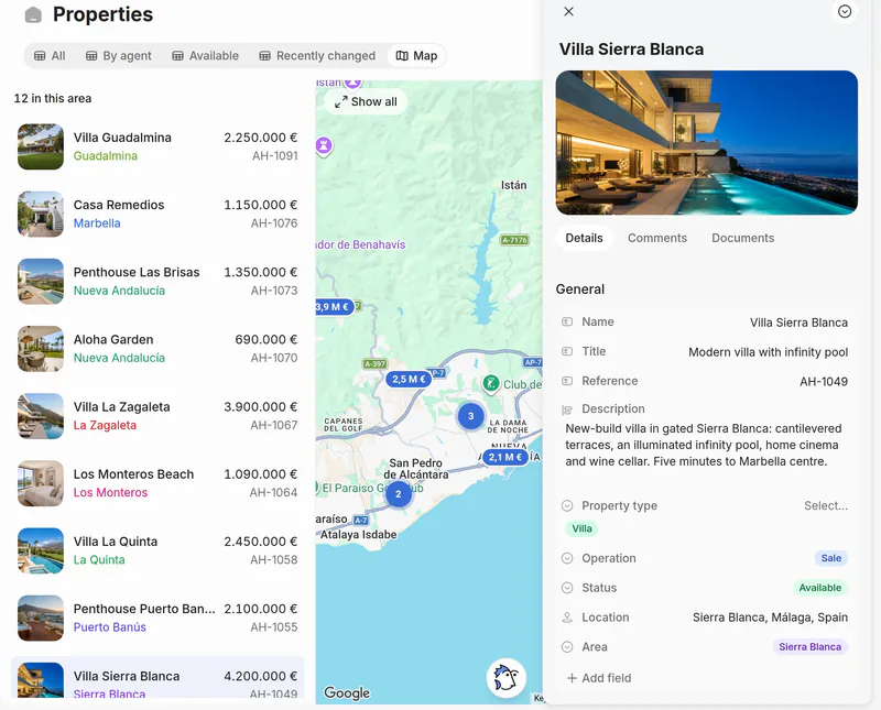 Alba Homes’ properties: a list with photos and prices, a map of Marbella with prices on the pins, and Villa Sierra Blanca open with its photo.