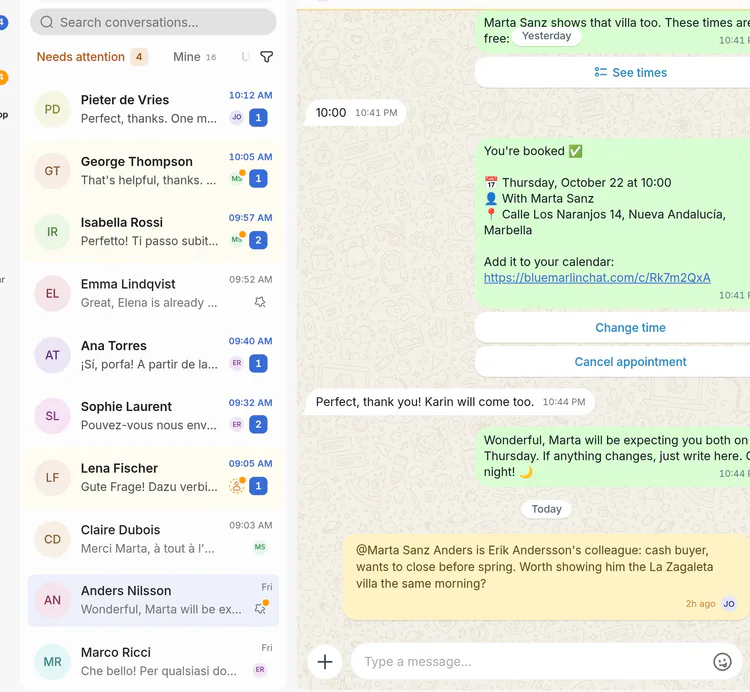 The agency’s WhatsApp: chats that need attention with who has each, and Anders’ chat with Javier’s note to Marta.