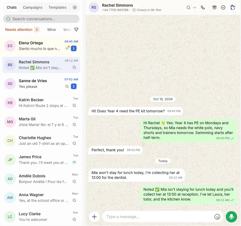 Il WhatsApp dell’Olivar: le chat dei genitori, quella di Elena Ortega in attesa di una persona, e le domande di Rachel Simmons su tuta di ginnastica e mensa con le risposte di Nora.